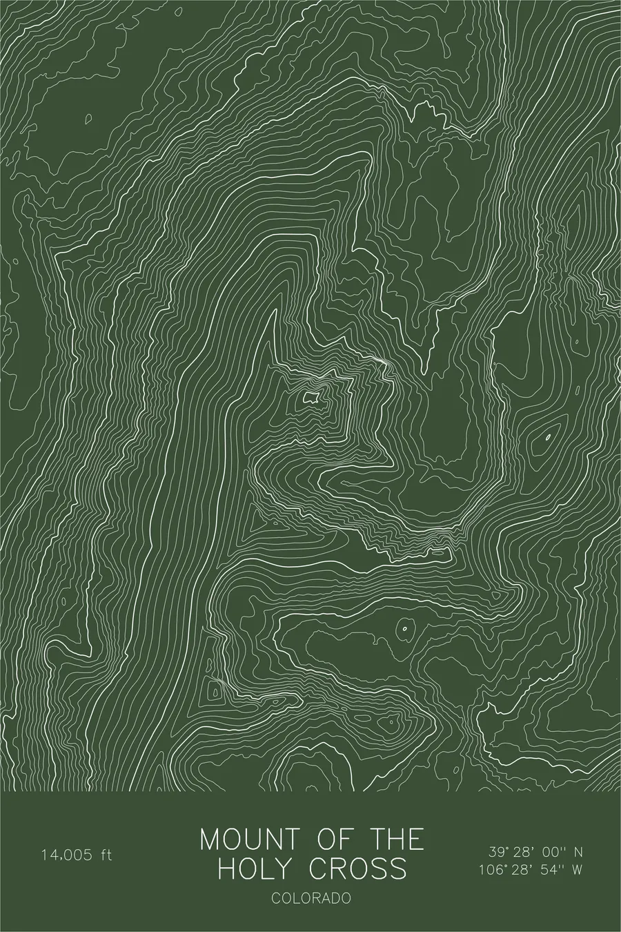 Pen-plotted topographic map of Mount of the Holy Cross, Colorado in white ink on green paper