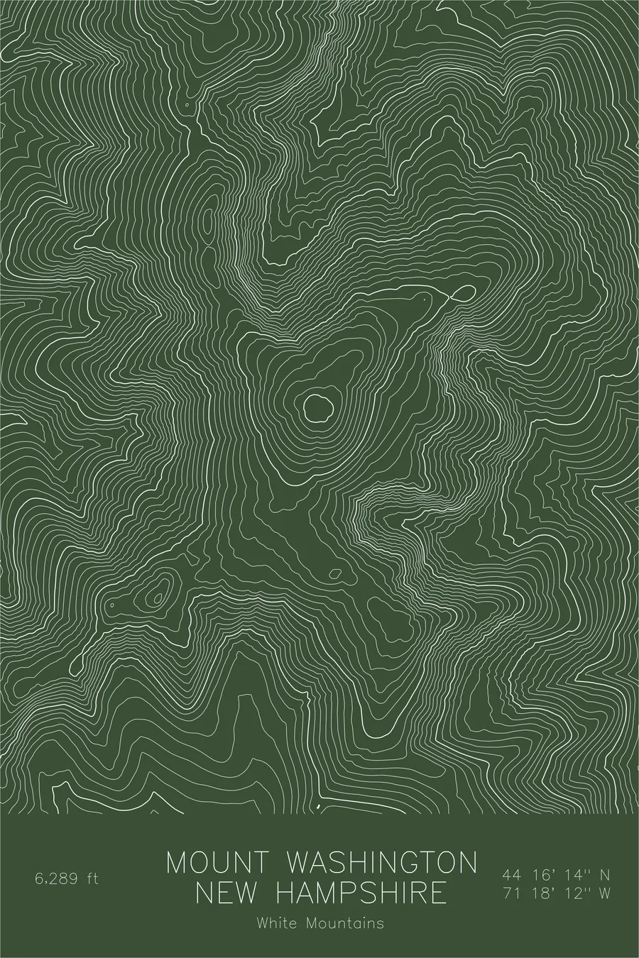 Pen-plotted topographic map of Mount Washington, New Hampshire in white ink on green paper