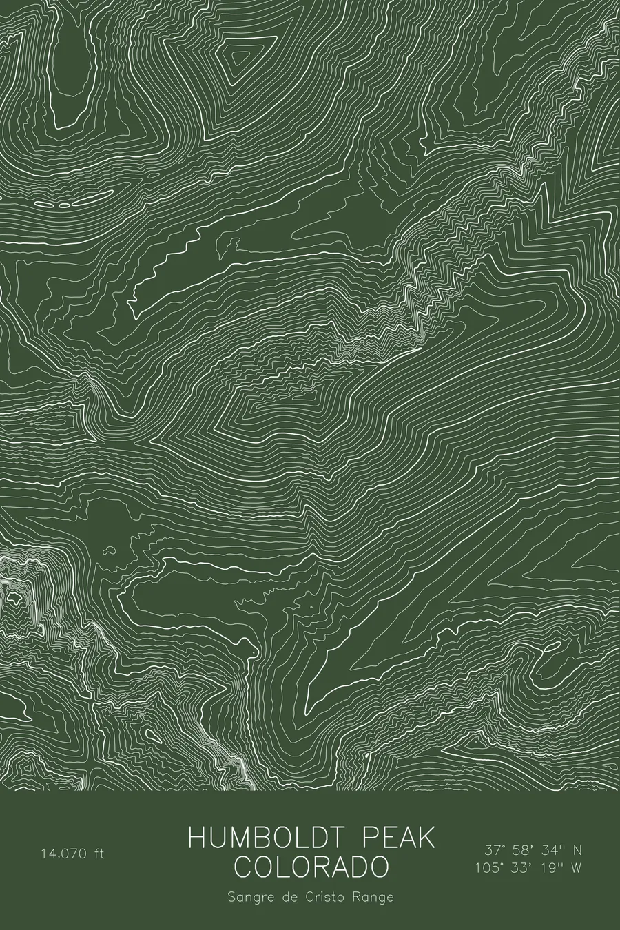 Pen-plotted topographic map of Humboldt Peak, Colorado in white ink on green paper