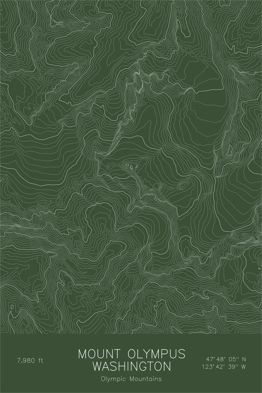 Pen-plotted topographic map of Mount Olympus, Washington in white ink on green paper