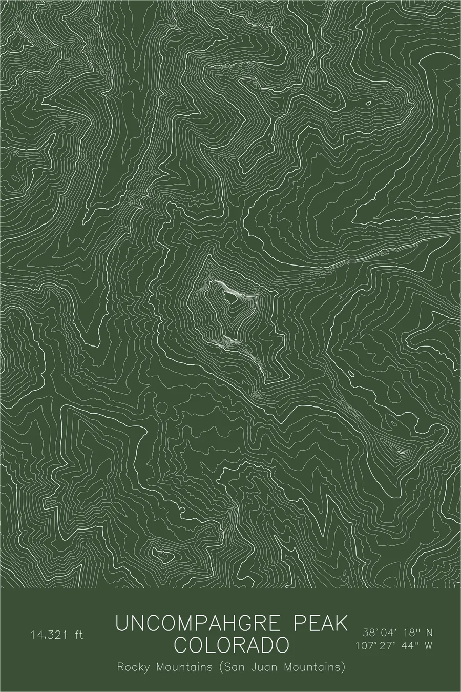 Pen-plotted topographic map of Uncompahgre Peak, Colorado in white ink on green paper