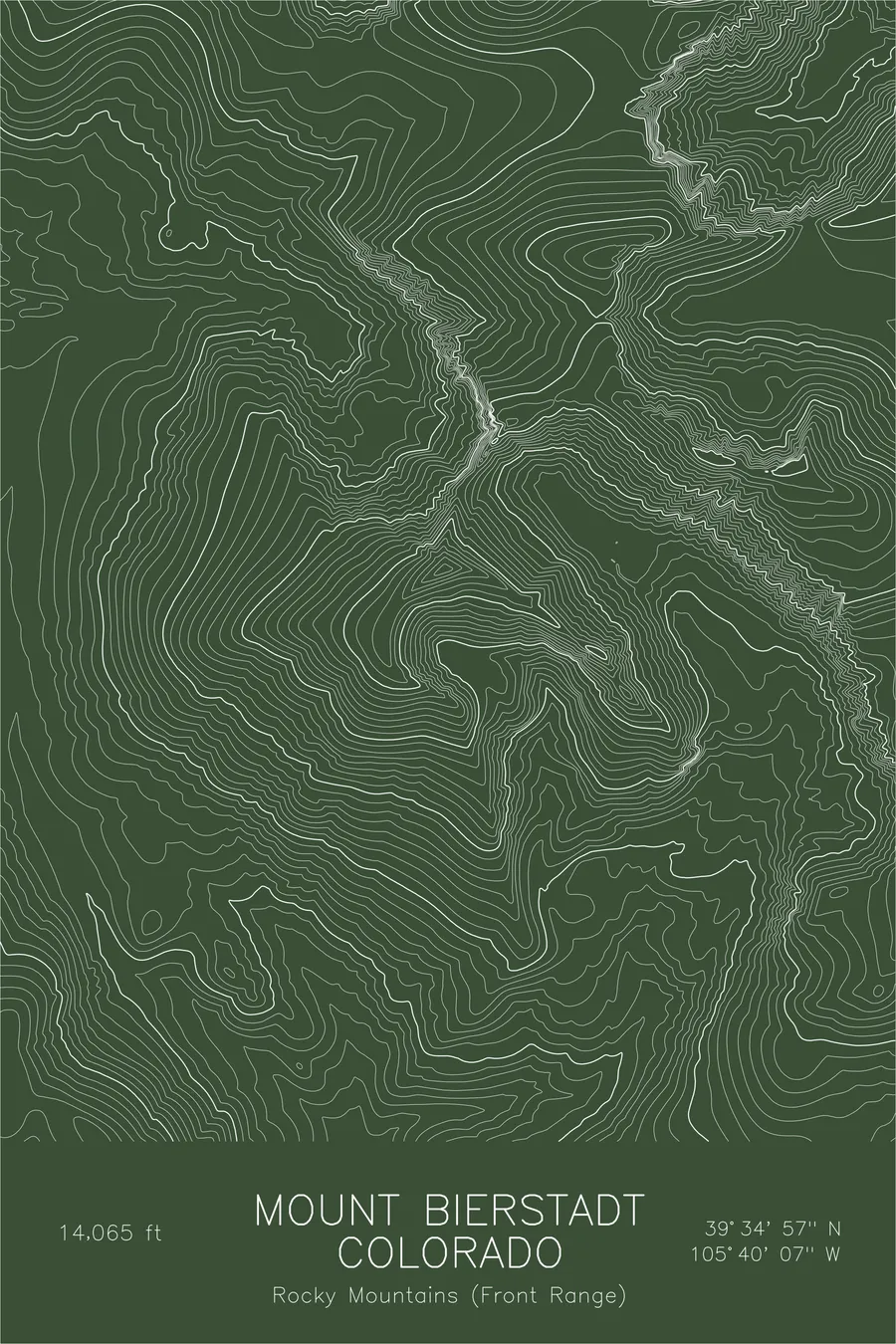 Pen-plotted topographic map of Mount Bierstadt, Colorado in white ink on green paper