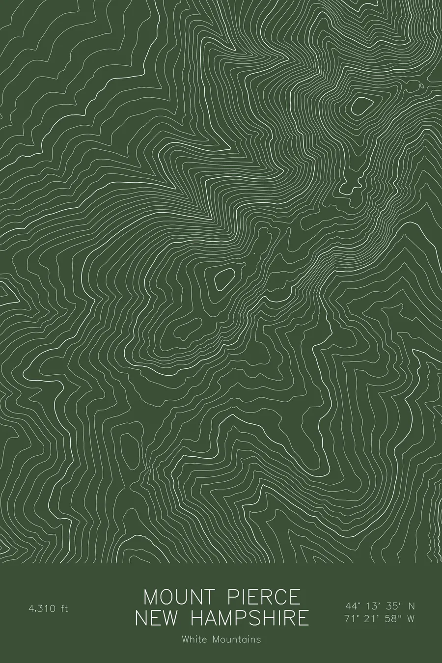 Pen-plotted topographic map of Mount Pierce, New Hampshire in white ink on green paper