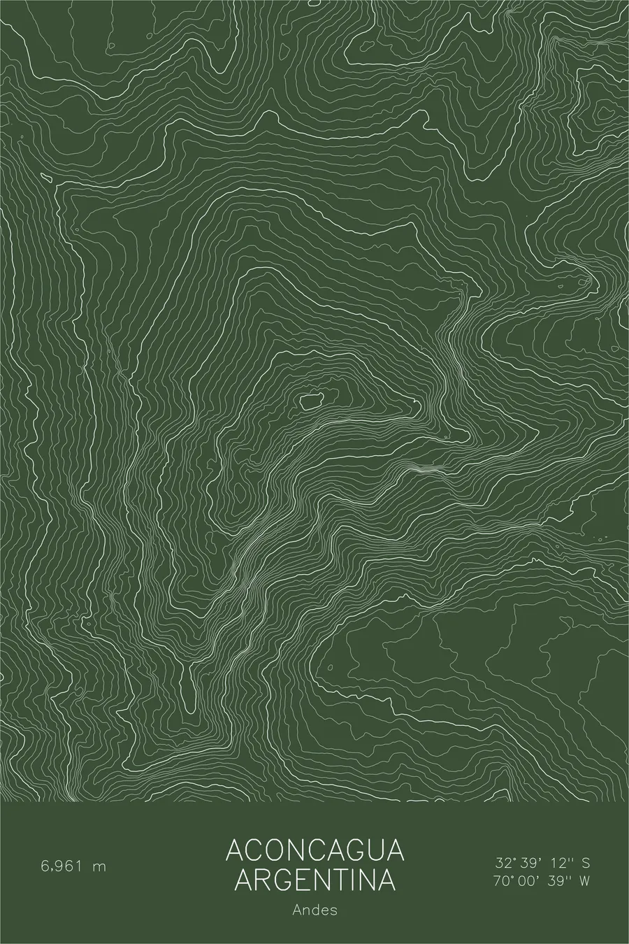 Pen-plotted topographic map of Aconcagua, Argentina in white ink on green paper