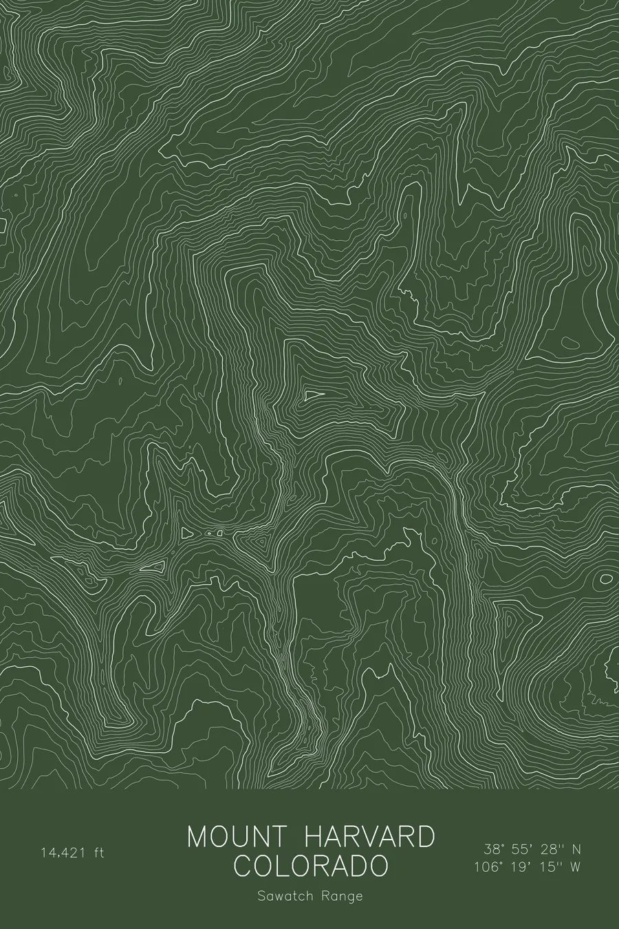 Pen-plotted topographic map of Mount Harvard, Colorado in white ink on green paper