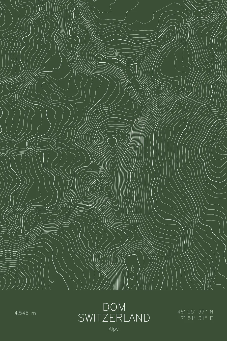 Pen-plotted topographic map of Dom, Switzerland in white ink on green paper