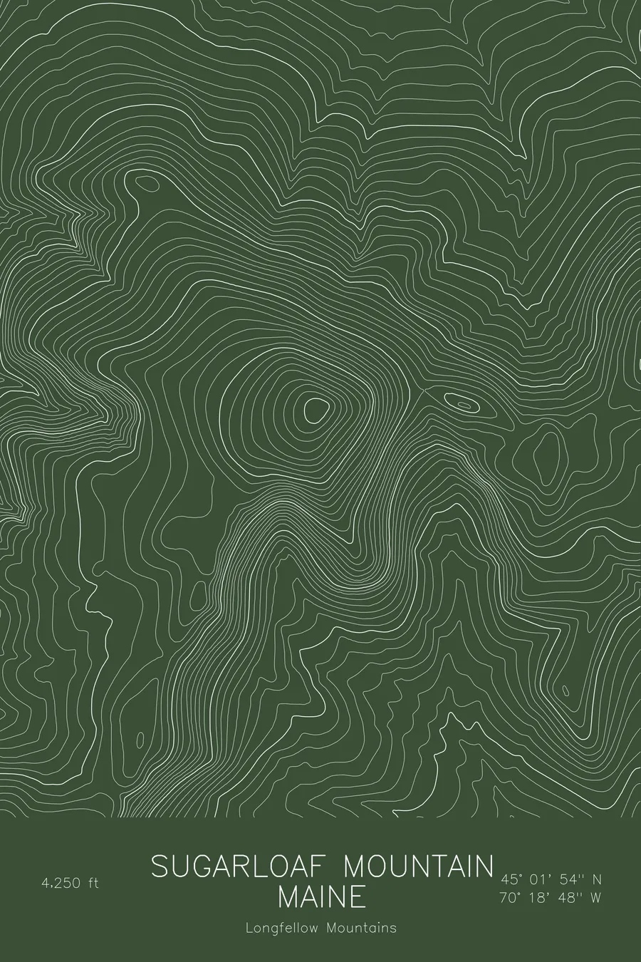 Pen-plotted topographic map of Sugarloaf Mountain, Maine in white ink on green paper