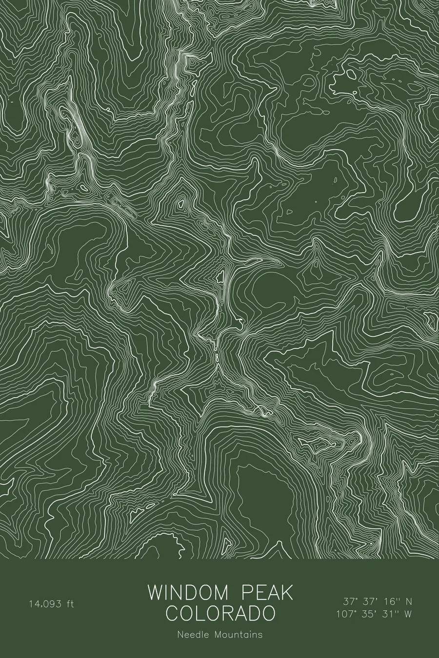 Pen-plotted topographic map of Windom Peak, Colorado in white ink on green paper