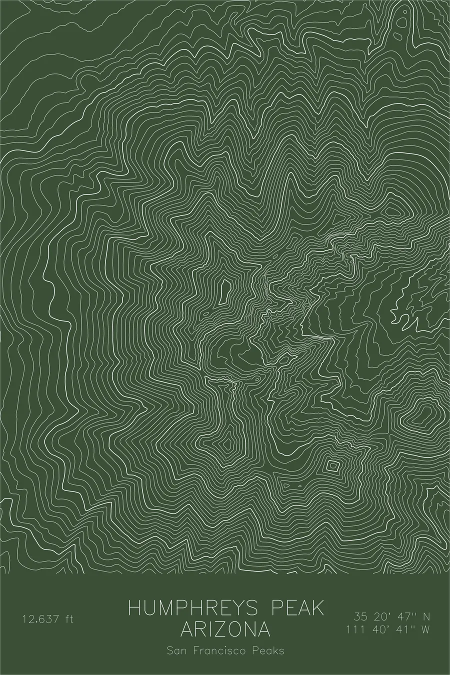 Pen-plotted topographic map of Humphreys Peak, Arizona in white ink on green paper
