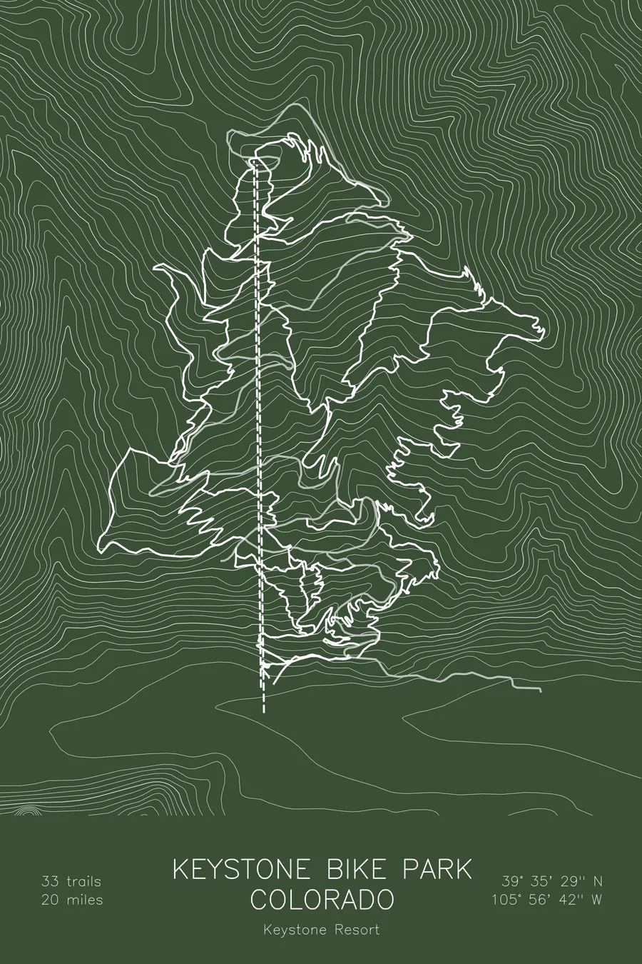 Pen-plotted mountain bike trail map of Keystone Bike Park, Colorado in white ink on green paper