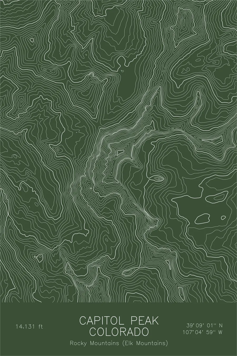 Pen-plotted topographic map of Capitol Peak, Colorado in white ink on green paper