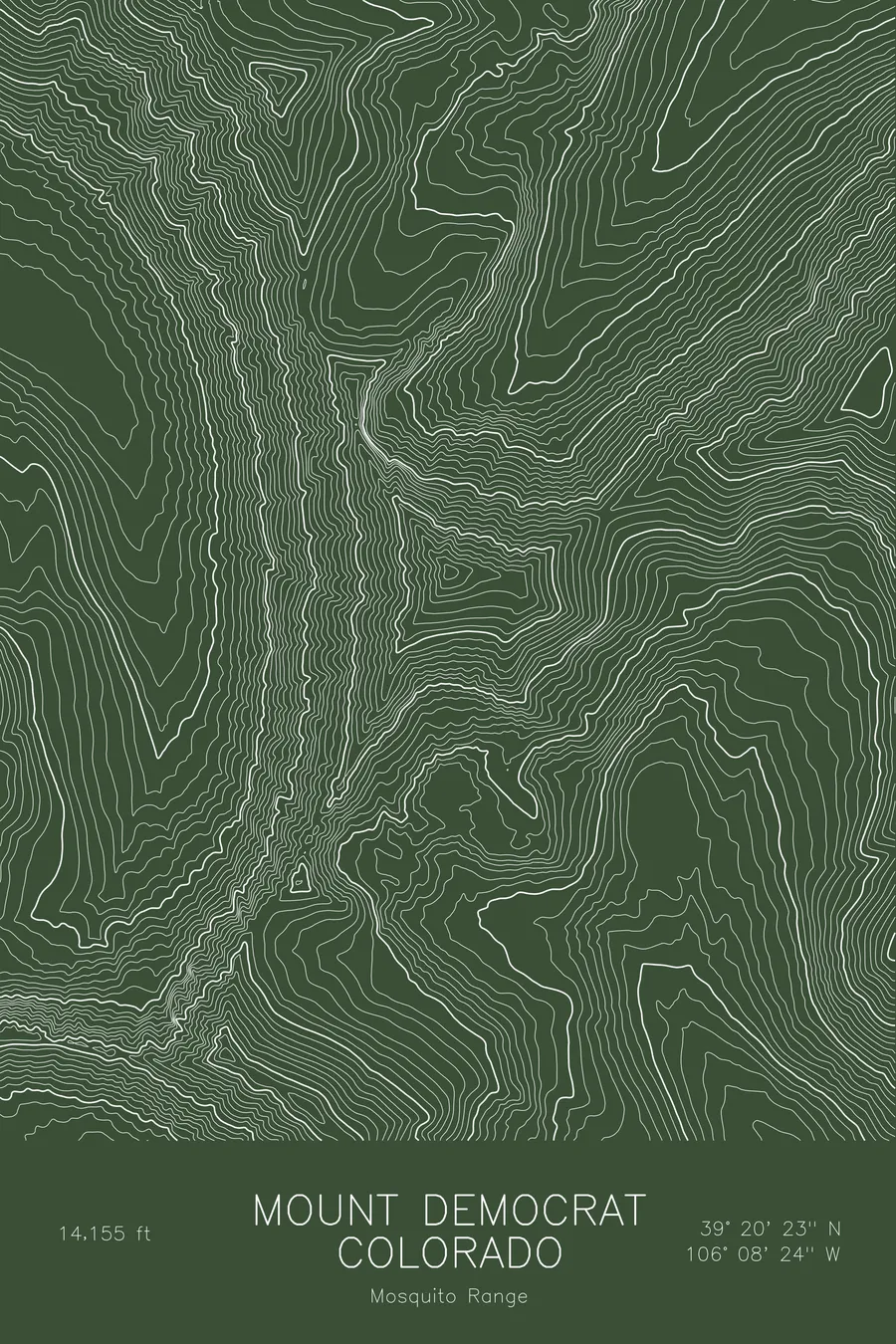 Pen-plotted topographic map of Mount Democrat, Colorado in white ink on green paper