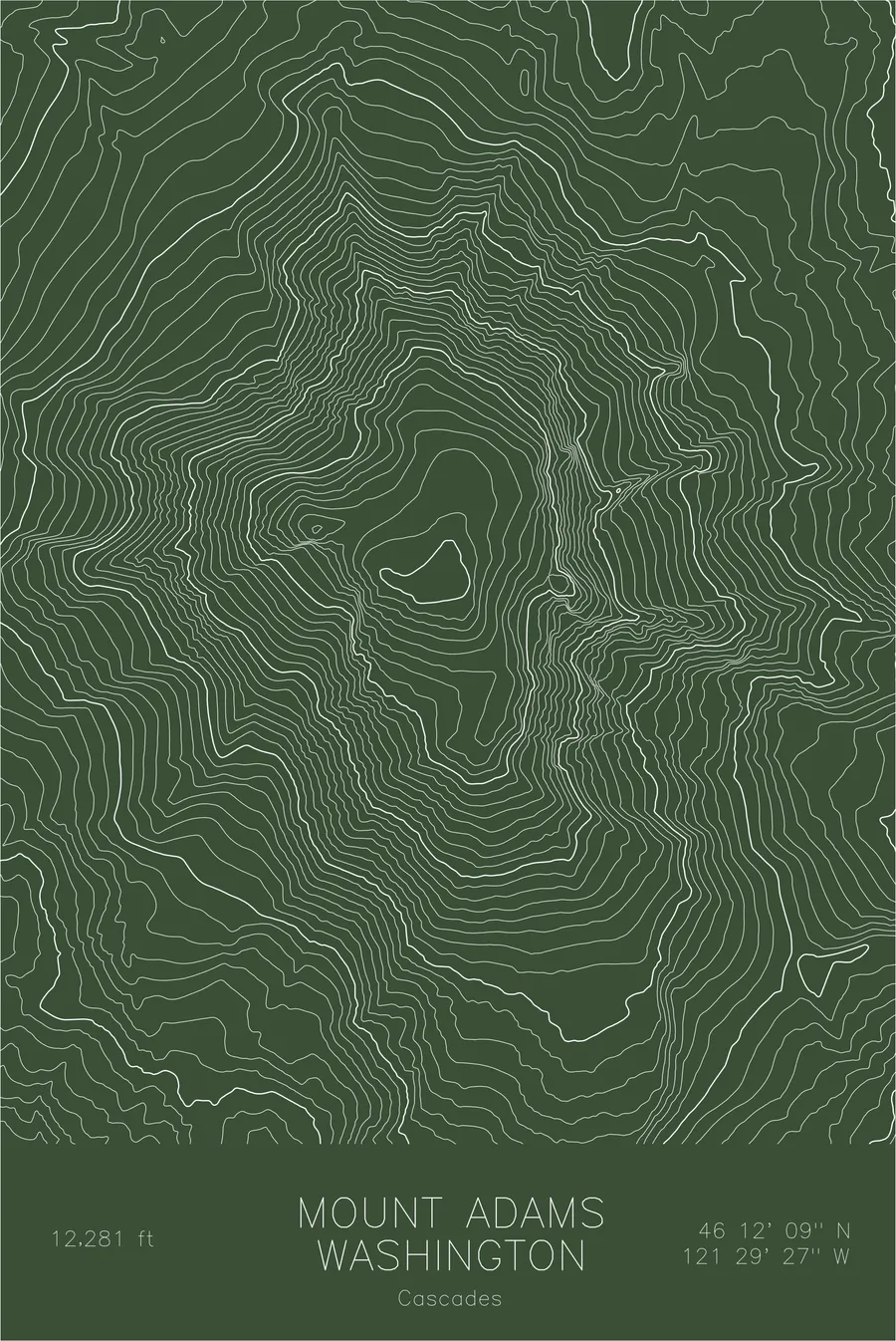 Pen-plotted topographic map of Mount Adams, Washington in white ink on green paper