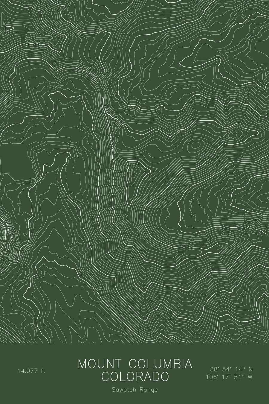 Pen-plotted topographic map of Mount Columbia, Colorado in white ink on green paper
