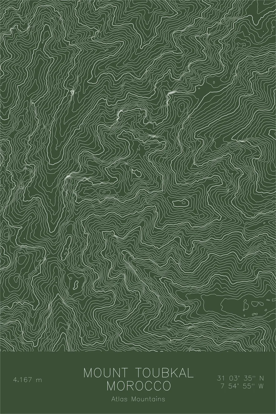Pen-plotted topographic map of Mount Toubkal, Morocco in white ink on green paper