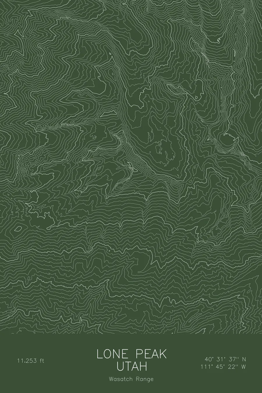 Pen-plotted topographic map of Lone Peak, Utah in white ink on green paper
