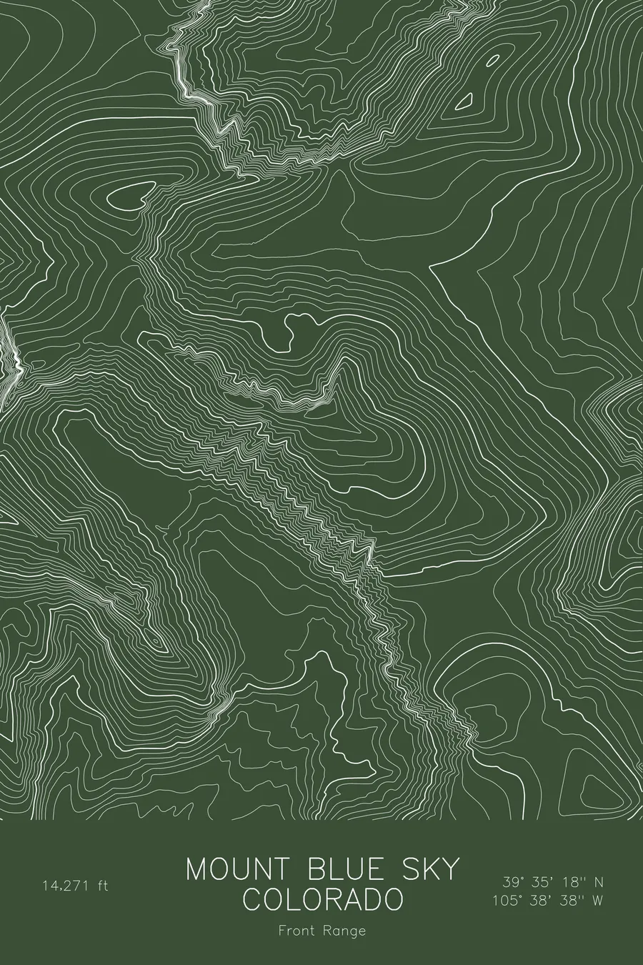 Pen-plotted topographic map of Mount Blue Sky, Colorado in white ink on green paper