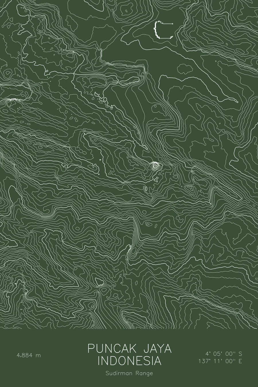 Pen-plotted topographic map of Puncak Jaya, Indonesia in white ink on green paper