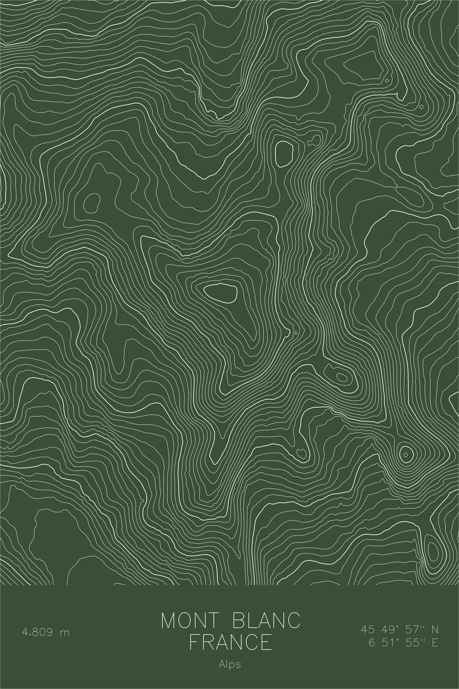 Pen-plotted topographic map of Mont Blanc, France / Italy in white ink on green paper