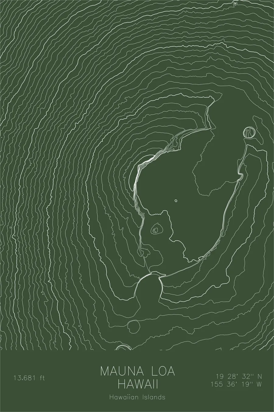 Pen-plotted topographic map of Mauna Loa, Hawaii in white ink on green paper
