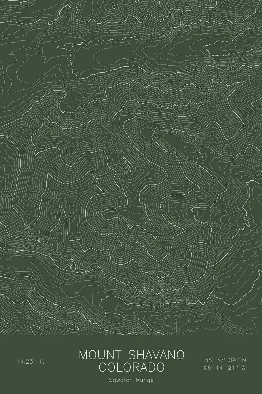 Pen-plotted topographic map of Mount Shavano, Colorado in white ink on green paper
