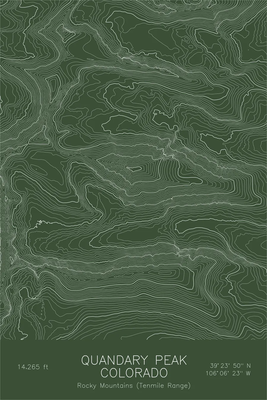Pen-plotted topographic map of Quandary Peak, Colorado in white ink on green paper