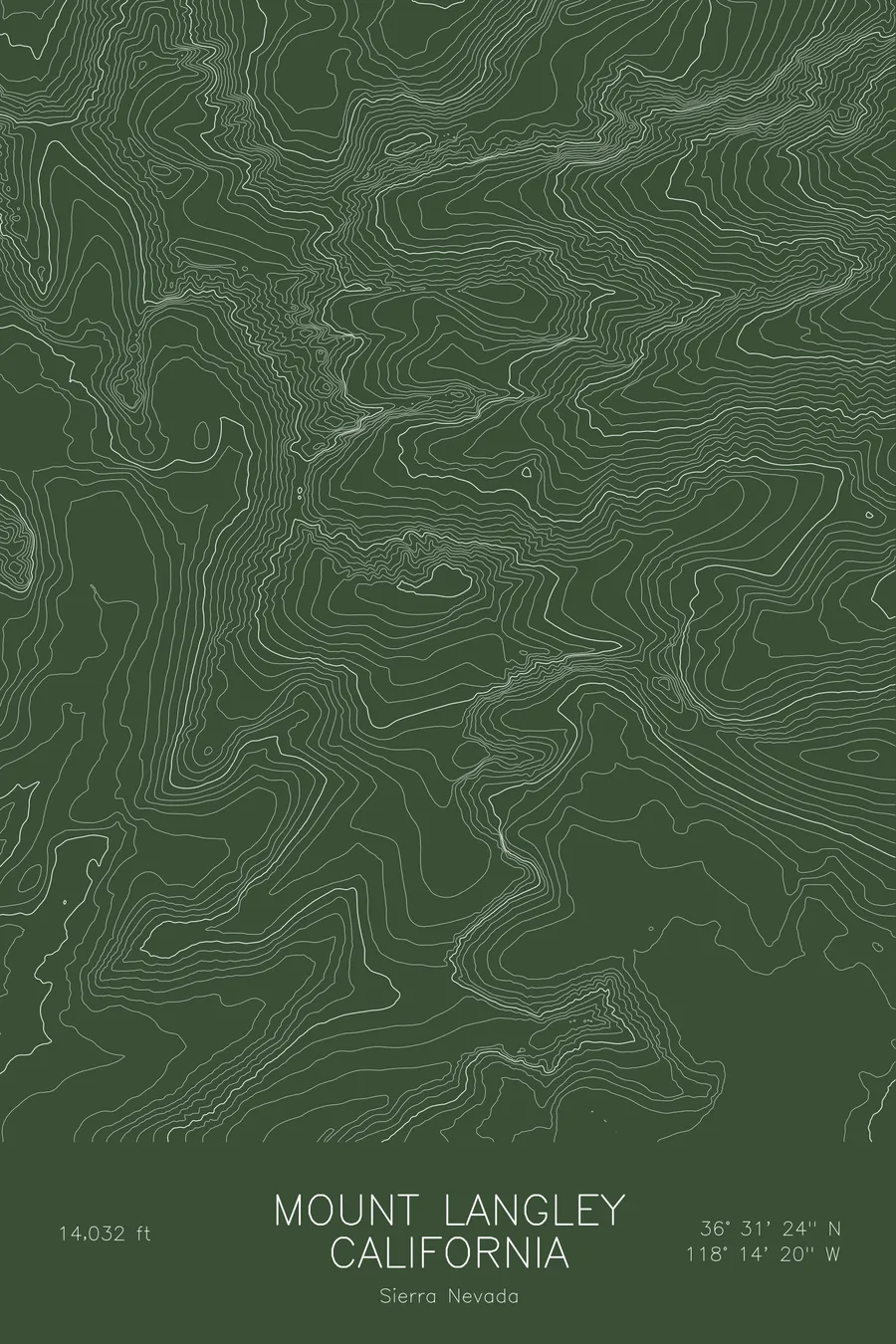 Pen-plotted topographic map of Mount Langley, California in white ink on green paper