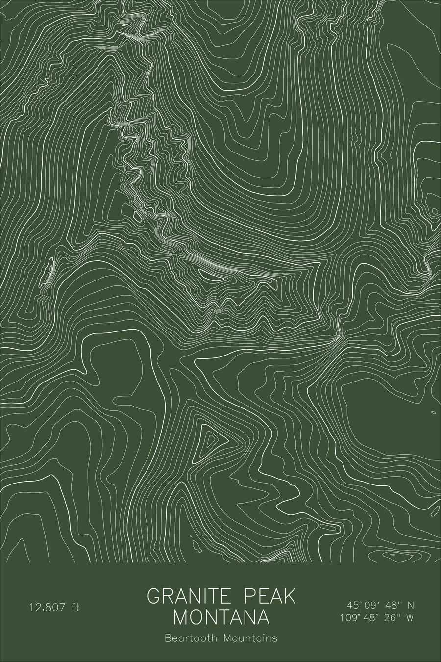 Pen-plotted topographic map of Granite Peak, Montana in white ink on green paper