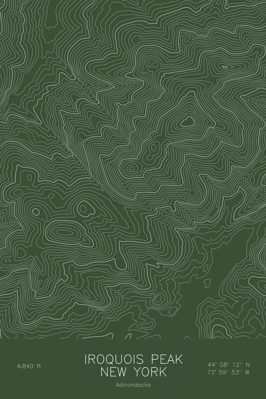Pen-plotted topographic map of Iroquois Peak, New York in white ink on green paper