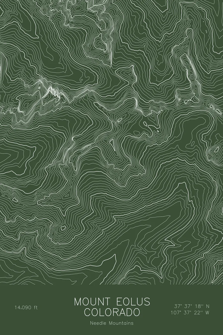 Pen-plotted topographic map of Mount Eolus, Colorado in white ink on green paper