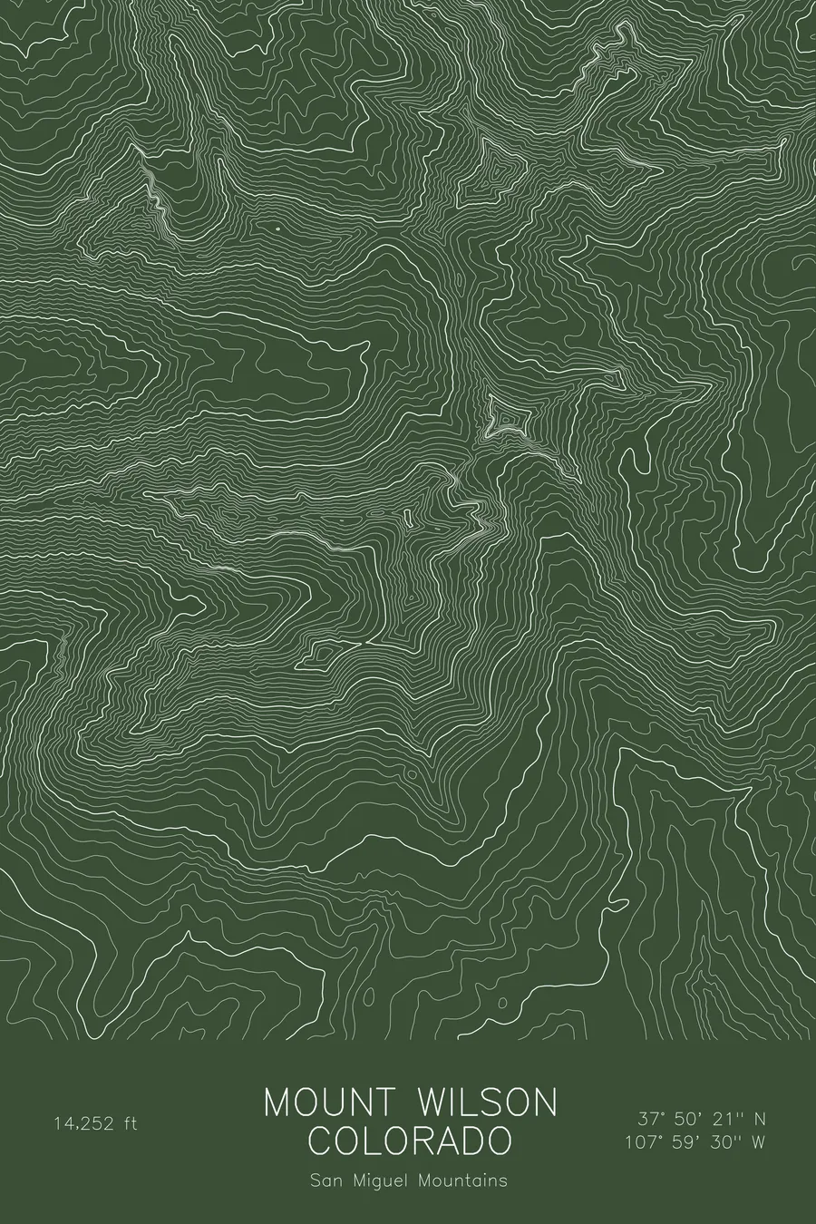 Pen-plotted topographic map of Mount Wilson, Colorado in white ink on green paper