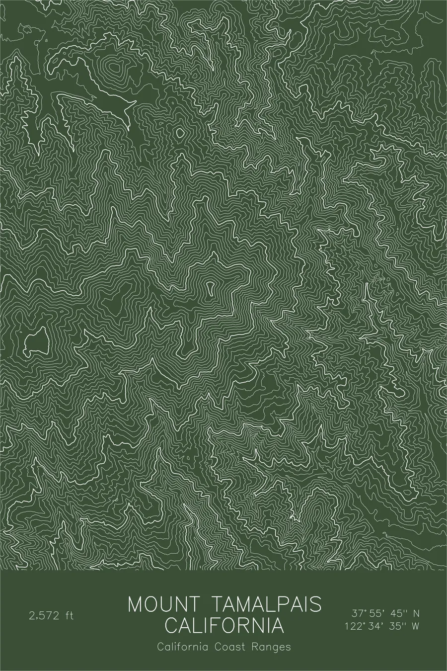 Pen-plotted topographic map of Mount Tamalpais, California in white ink on green paper