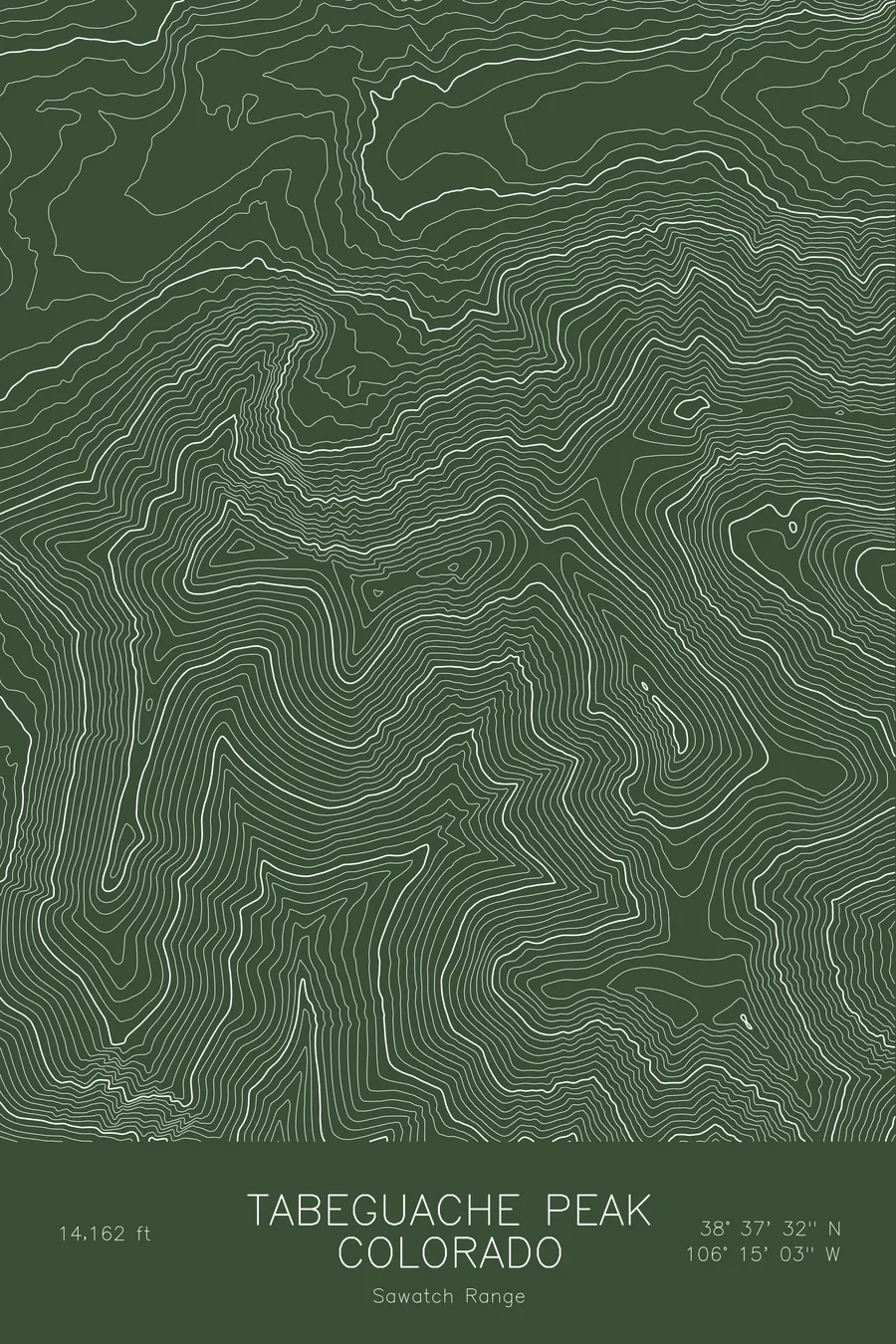 Pen-plotted topographic map of Tabeguache Peak, Colorado in white ink on green paper
