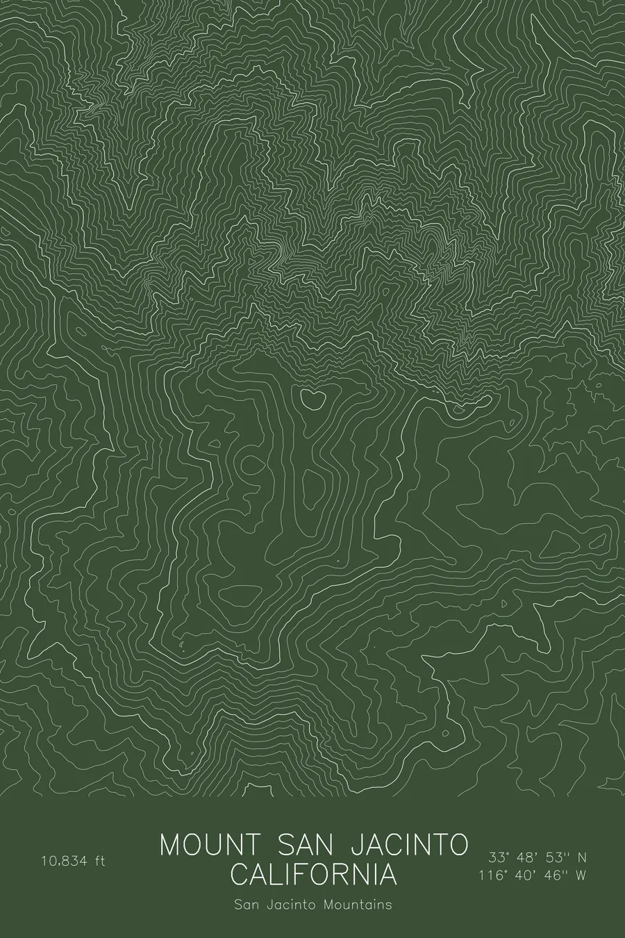 Pen-plotted topographic map of Mount San Jacinto, California in white ink on green paper