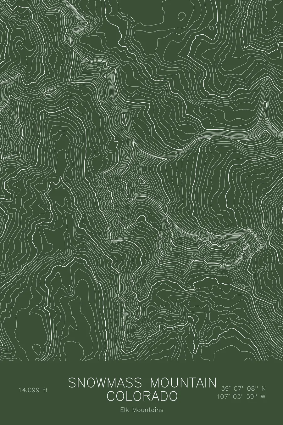 Pen-plotted topographic map of Snowmass Mountain, Colorado in white ink on green paper