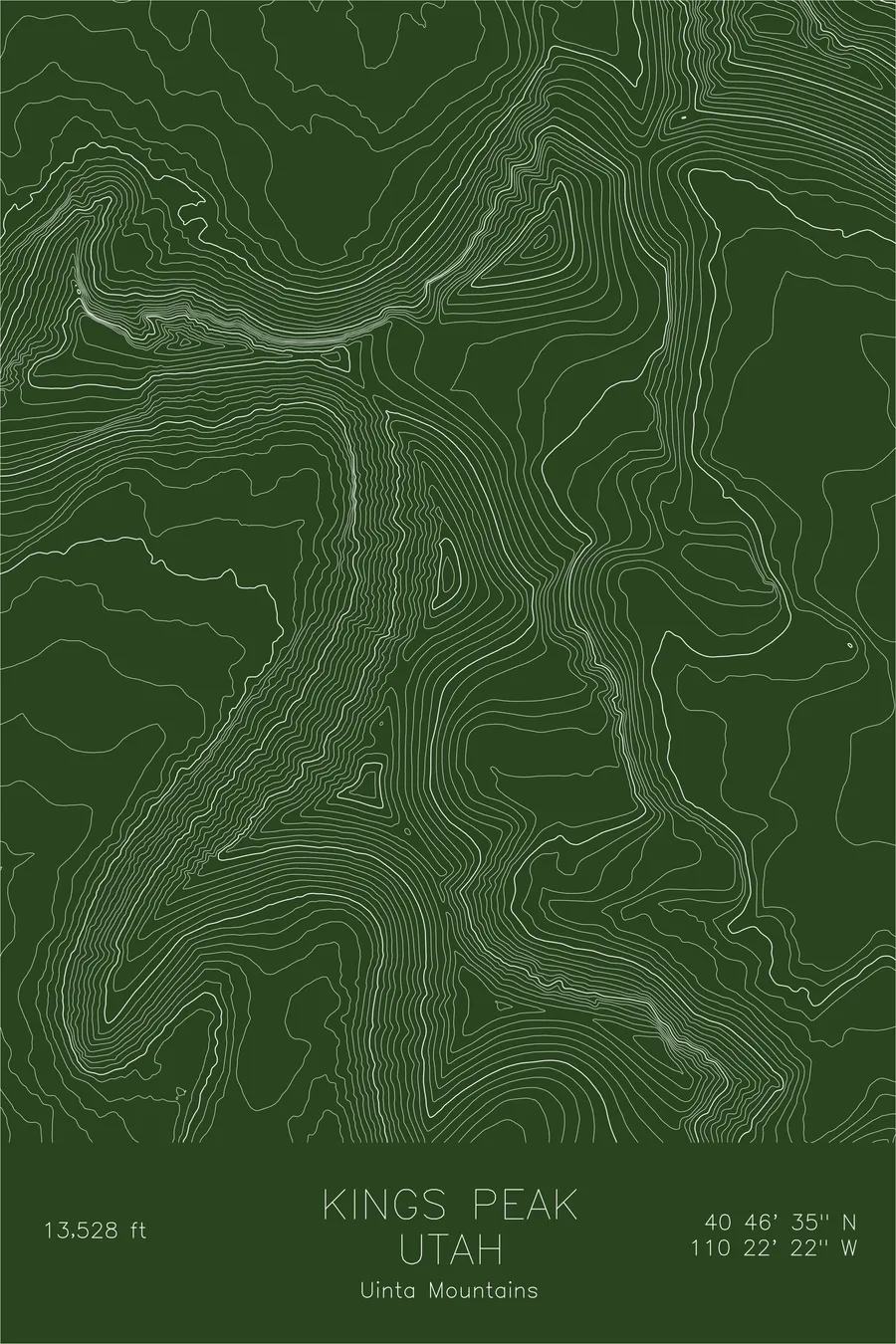 Pen-plotted topographic map of Kings Peak, Utah in white ink on green paper