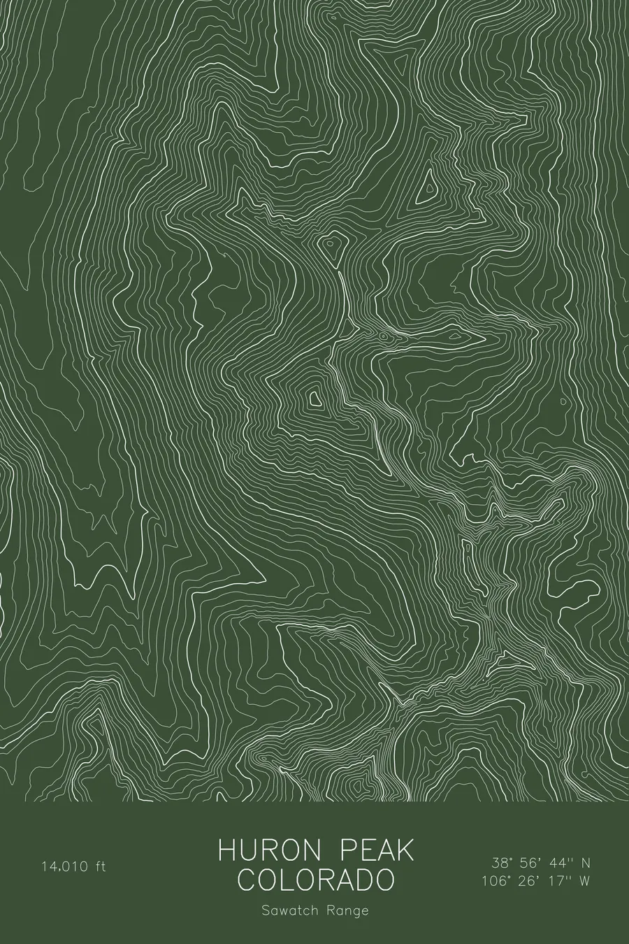 Pen-plotted topographic map of Huron Peak, Colorado in white ink on green paper