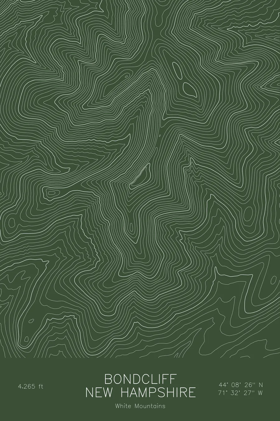 Pen-plotted topographic map of Bondcliff, New Hampshire in white ink on green paper