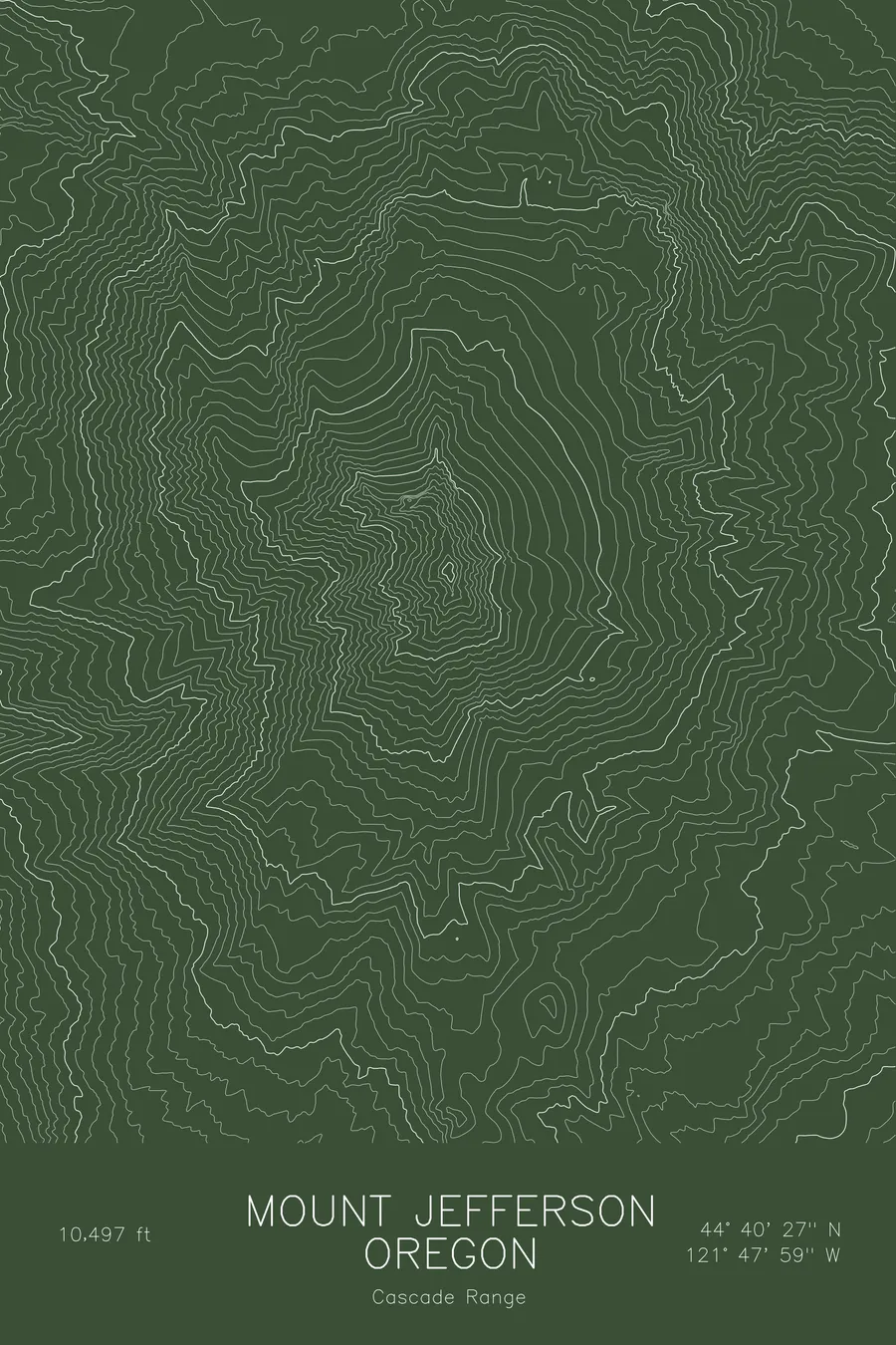 Pen-plotted topographic map of Mount Jefferson, Oregon in white ink on green paper