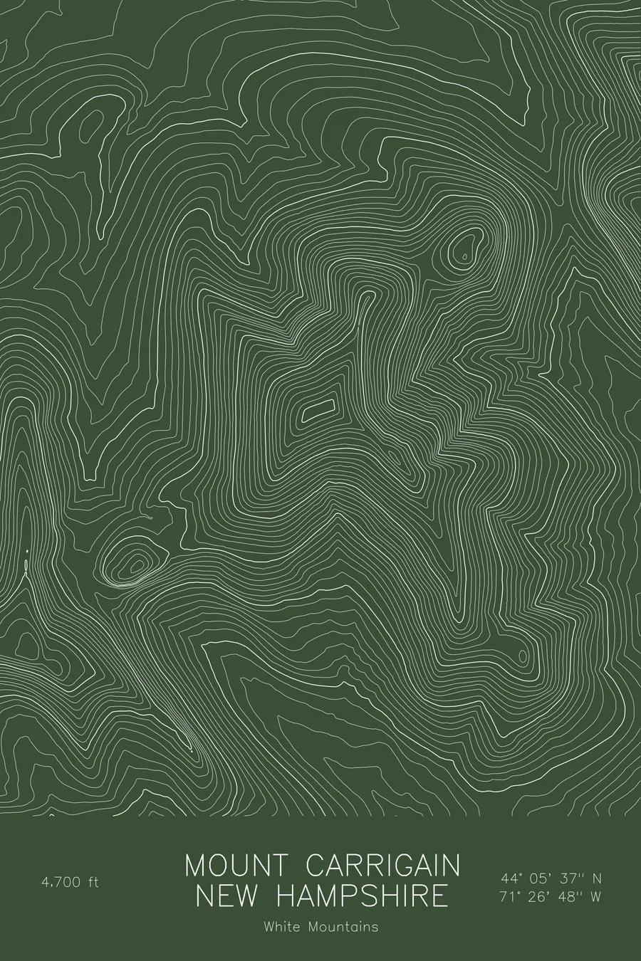 Pen-plotted topographic map of Mount Carrigain, New Hampshire in white ink on green paper