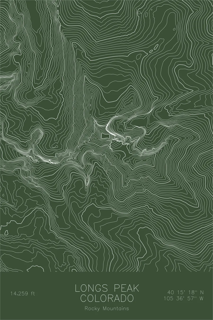Pen-plotted topographic map of Longs Peak, Colorado in white ink on green paper