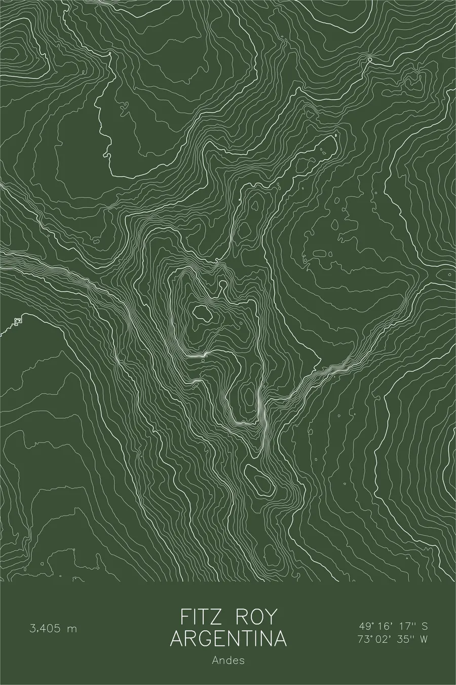 Pen-plotted topographic map of Fitz Roy, Argentina in white ink on green paper