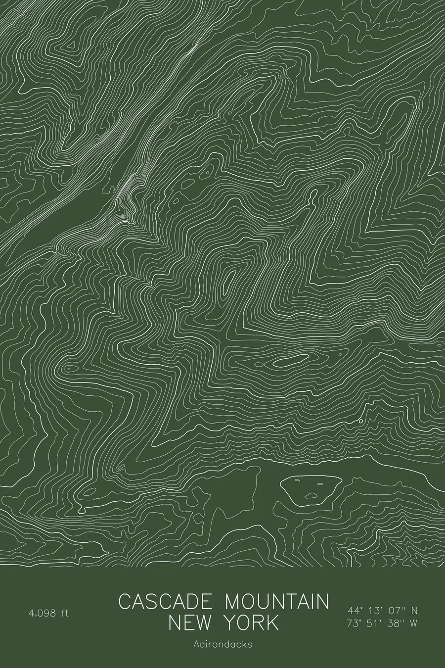 Pen-plotted topographic map of Cascade Mountain, New York in white ink on green paper