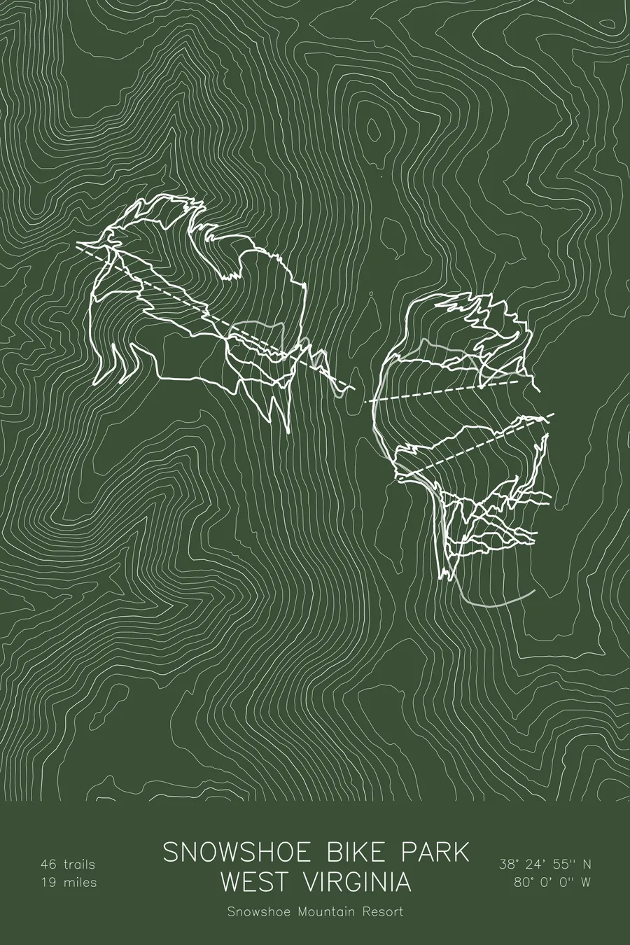 Pen-plotted mountain bike trail map of Snowshoe Bike Park, West Virginia in white ink on green paper