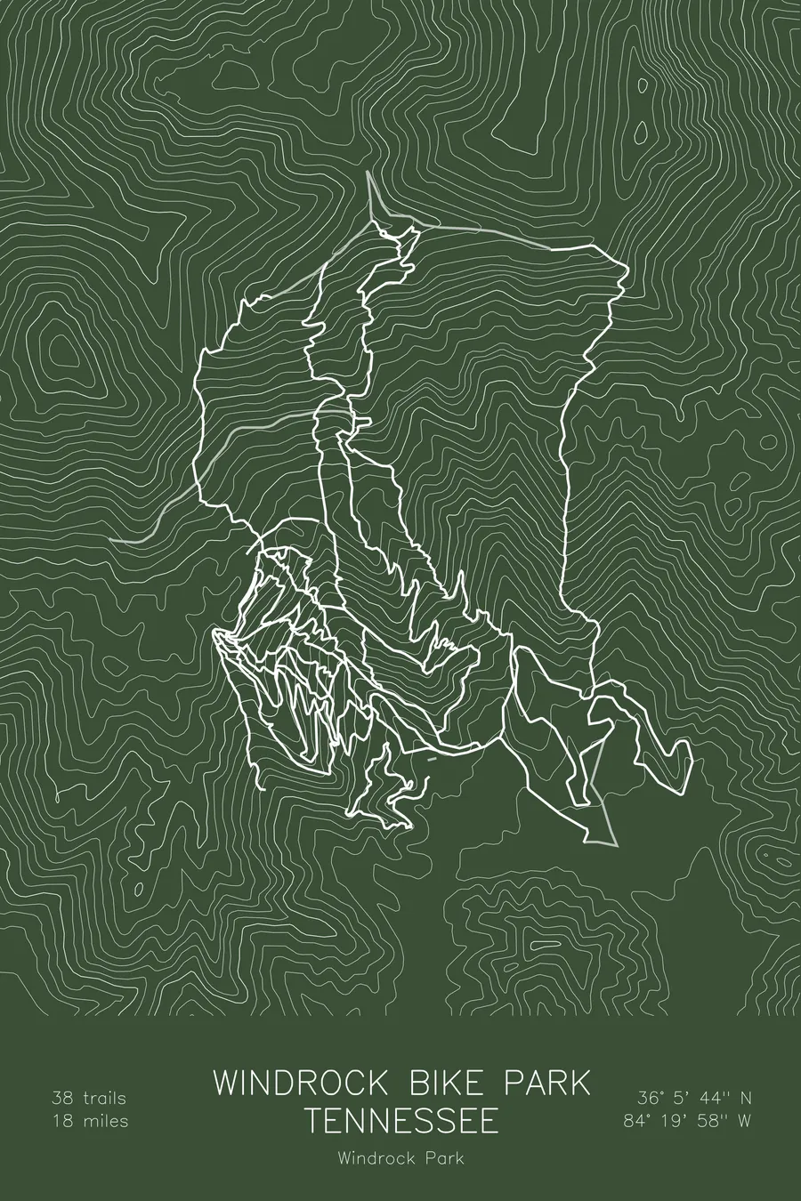 Pen-plotted mountain bike trail map of Windrock Bike Park, Tennessee in white ink on green paper