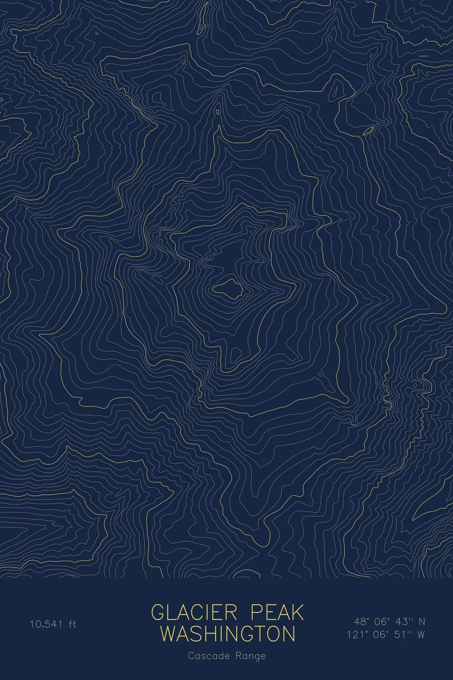 Pen-plotted topographic map of Glacier Peak, Washington in gold ink on navy paper