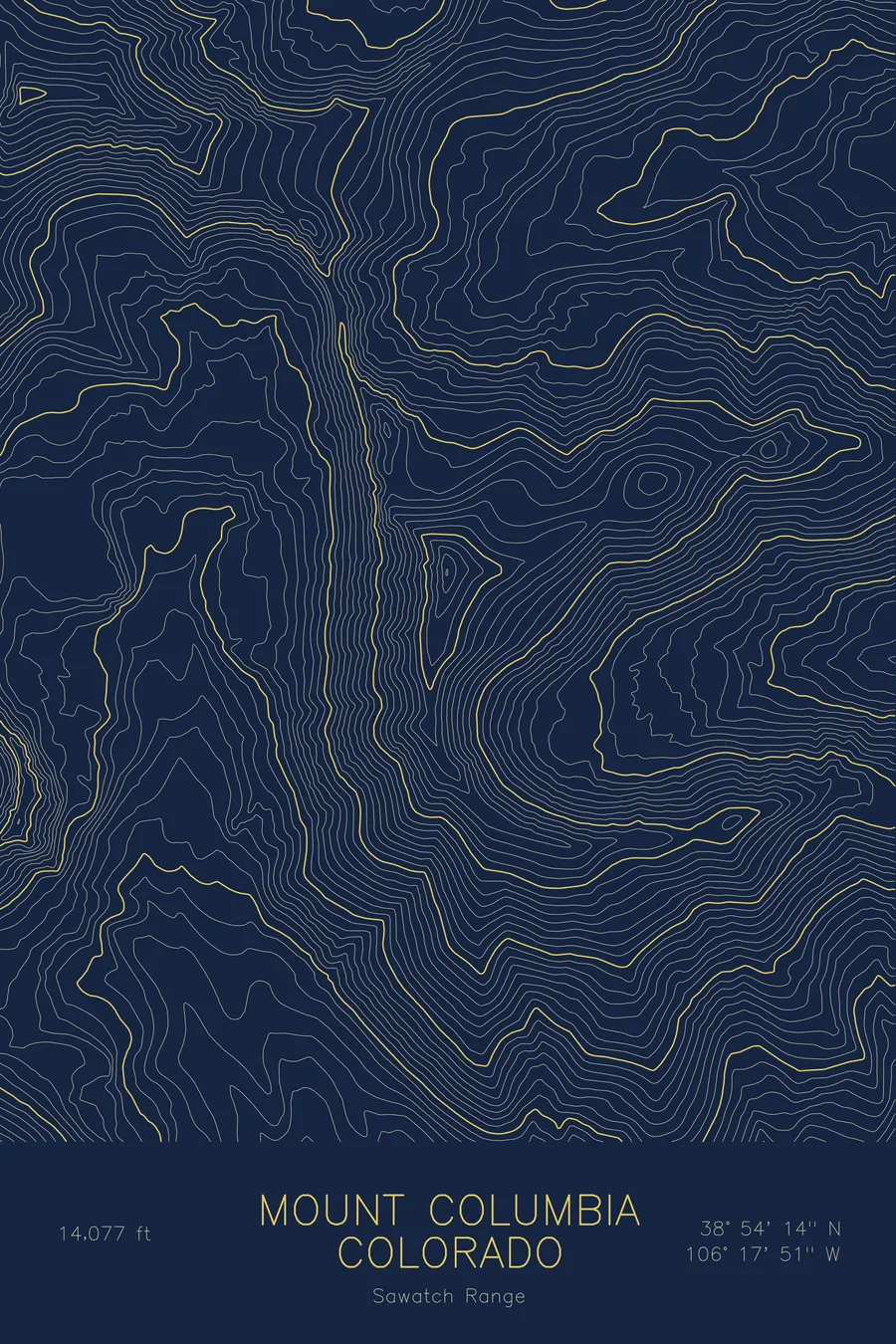 Pen-plotted topographic map of Mount Columbia, Colorado in gold ink on navy paper