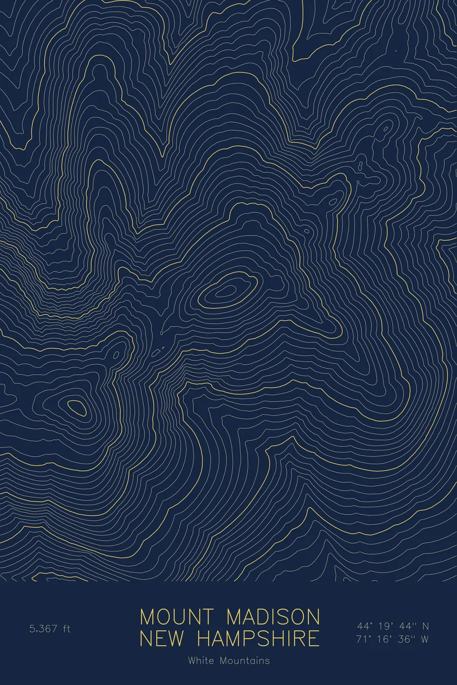 Pen-plotted topographic map of Mount Madison, New Hampshire in gold ink on navy paper