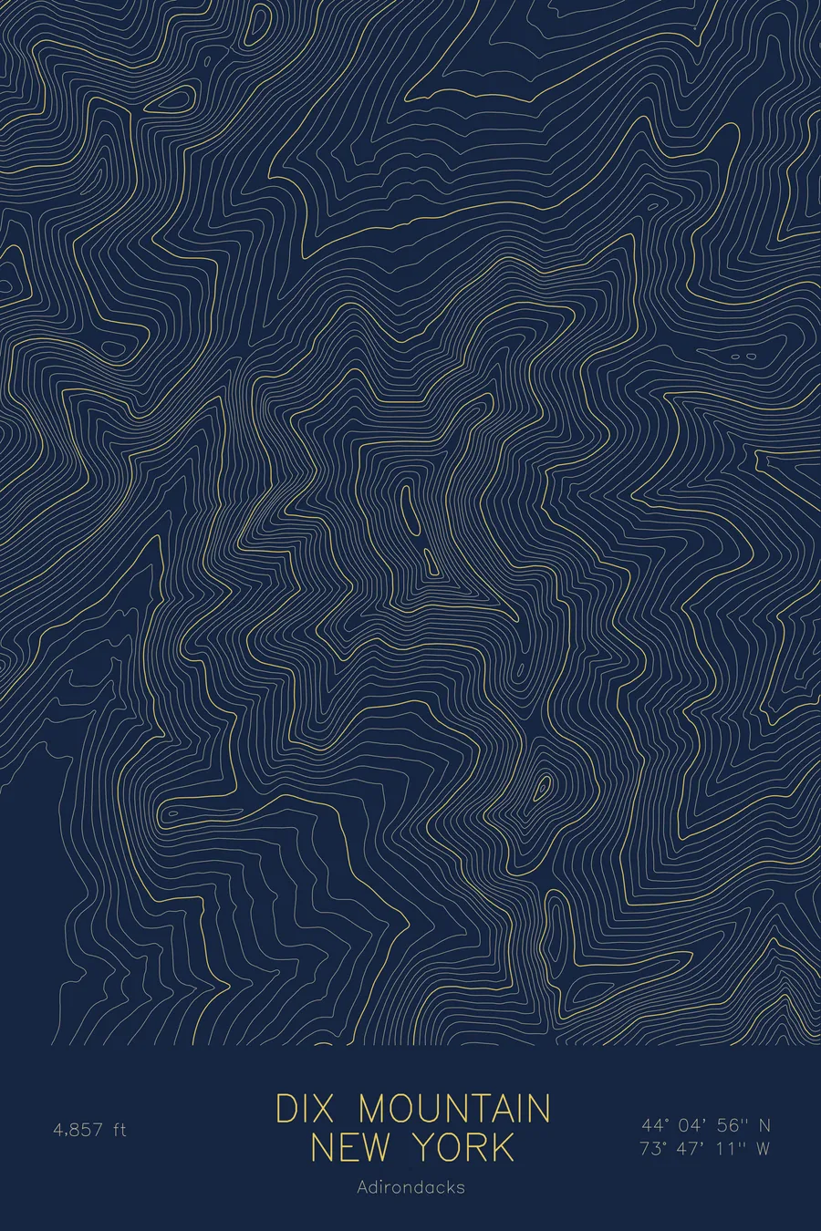 Pen-plotted topographic map of Dix Mountain, New York in gold ink on navy paper