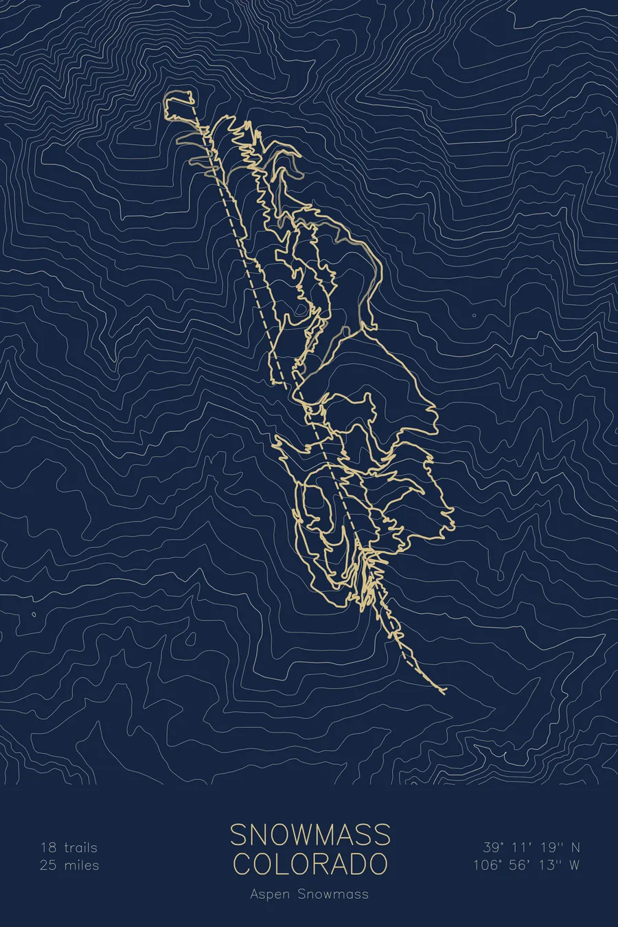 Pen-plotted mountain bike trail map of Snowmass Bike Park, Colorado in gold ink on navy paper